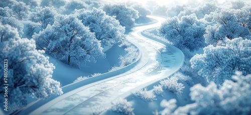 a winding road covered in snow surrounding trees