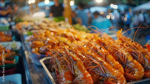 Street Food. A vibrant display of fresh prawns at a seafood market stall, with a busy street scene in the background.