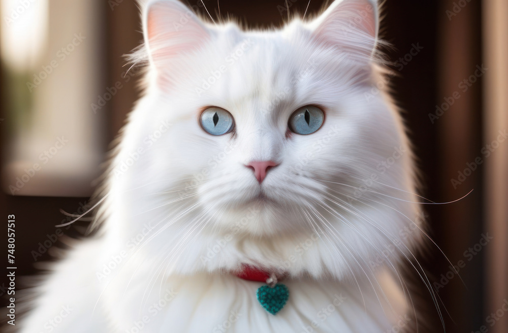 Portrait of white fluffy cat in a collar at home.