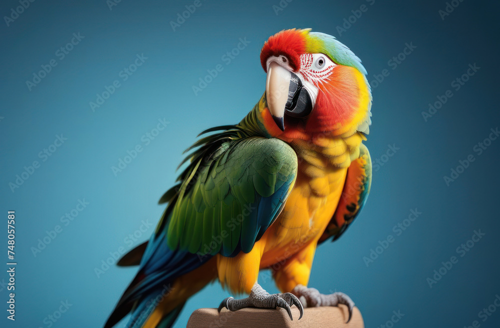 Red-green-yellow macaw parrot on a blue background.