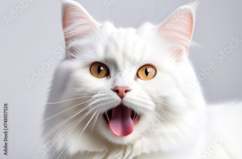 Portrait of fluffy white Angora cat with an open mouth on a light background. © 7707601