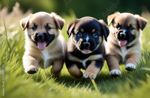 Little puppies running through the green  pet walk.