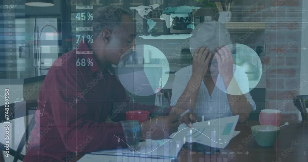 Animation of data processing over diverse senior couple holding documents Animation of data processing over diverse senior couple holding documents