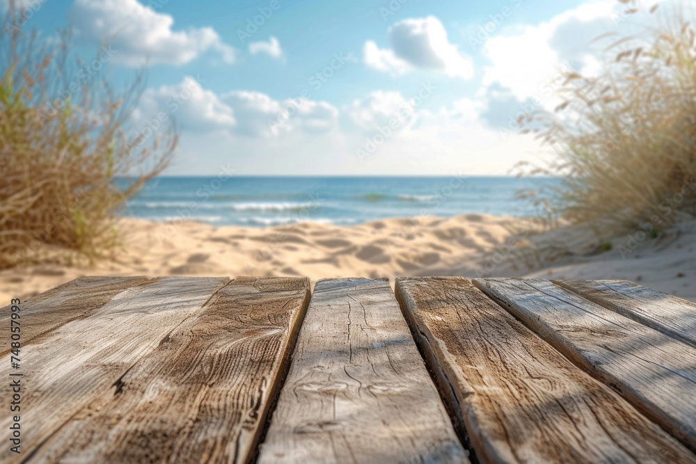 Empty Planks Wooden Floor on the Wild Beach with View of the Beach Grass and Sea Landscape Background For Summer Product Display Showcase Empty Planks Wooden Floor on the Wild Beach with View of the Beach Grass and Sea Landscape Background For Summer Product Display Showcase