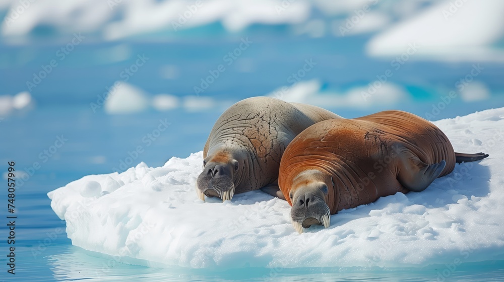Naklejka premium Walruses lying on a melting ice floe, with a clear blue sky and distant icebergs in the Arctic region.