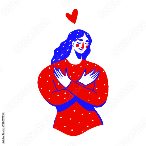 Vector Illustration of a calm woman hugging herself with a love heart above her head. Concept of psychology  self-acceptance  women in society.