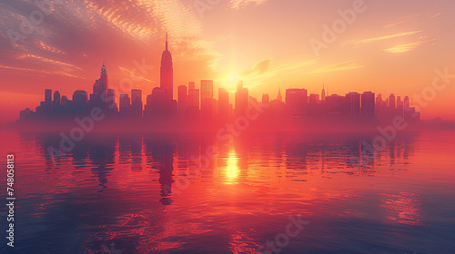 Clear sunrise over a financial district photo