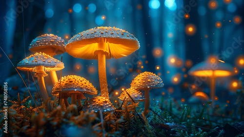 Enchanted forest lit by glowing mushrooms home to mythical beetles
