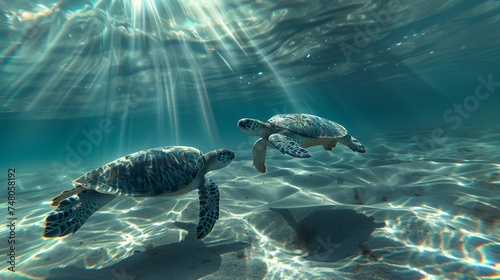 An underwater view of a sea turtle elegantly swimming in the ocean, sun rays filtering through the water surface.