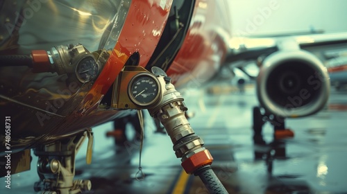 The process of refueling an aircraft on the tarmac, with the fuel hose connected and the meter gauge in view. photo
