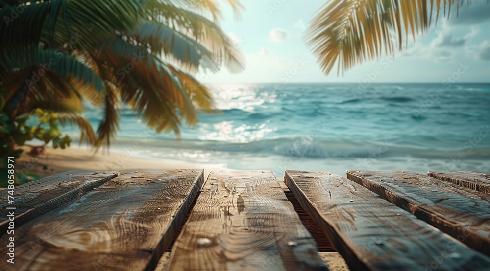 wooden table on beach with background of coconut palms
