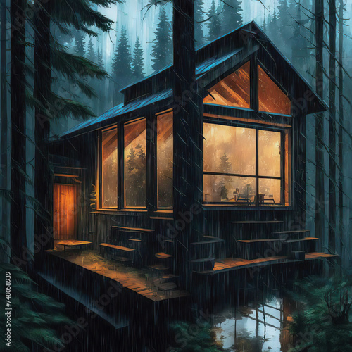 Secluded wooden house in the forest. It's raining. Outdoor recreation, eco-friendly housing