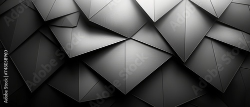 Abstract black white background. Geometric shape. Lines, triangles. 3D effect. Light, glow, shadow. Gradient. Dark grey, silver. Modern, futuristic.
