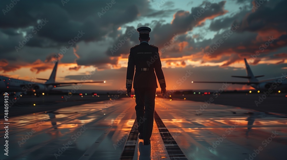 Back view of a pilot walking on the runway at twilight with airplanes and runway lights in the background. - obrazy, fototapety, plakaty 