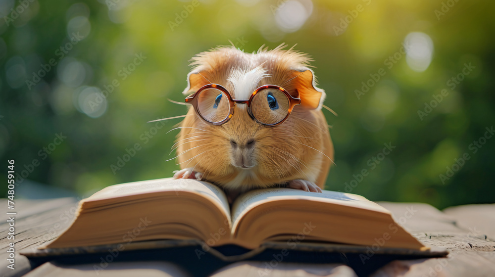 Funny Guinea Pig in Glasses Reading a Book.