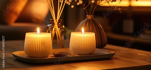 two candles and an aroma diffuser on a tray