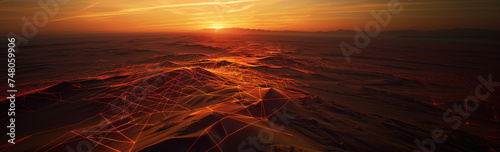 Surreal desert dunes at sunset, overlaid with a glowing red digital mesh, symbolizing tech-infused nature.