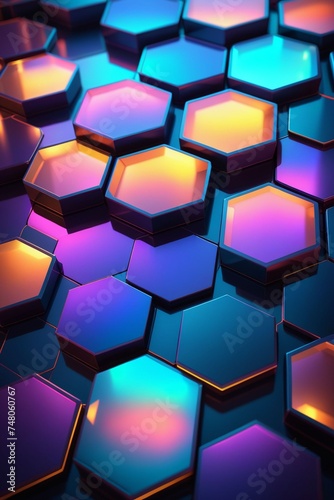 3D metal glowing hexagon objects with neon lights, vertical composition