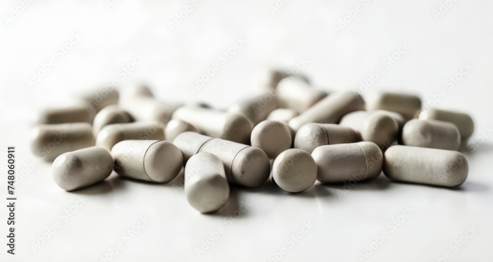 A collection of white pills on a white surface A collection of white pills on a white surface