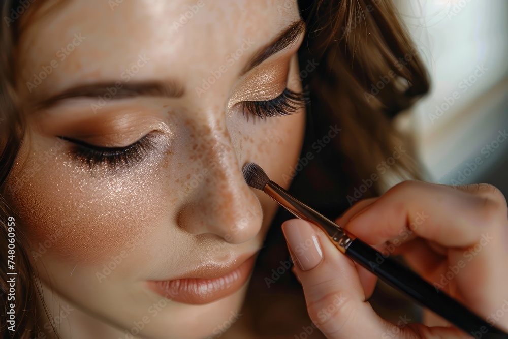 Makeup artist, makeup model. Hand of make-up master applying makeup and eyeshadow to a model Makeup artist, makeup model. Hand of make-up master applying makeup and eyeshadow to a model