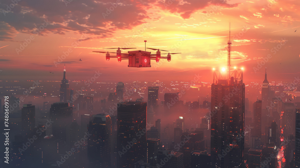 A drone delivering deliver packages to customers with precision and speed, Drone delivery in a bustling cityscape, parcel in tow against a sunset skyline