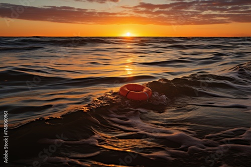 Orange lifebuoy floating in open ocean with copy space - concept of rescue and safety at sunset