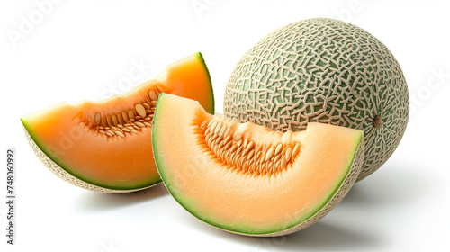 A solitary cantaloupe melon against a white backdrop.
