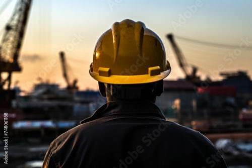 Close-up of a builder in safety helmet with back facing the camera on a construction site