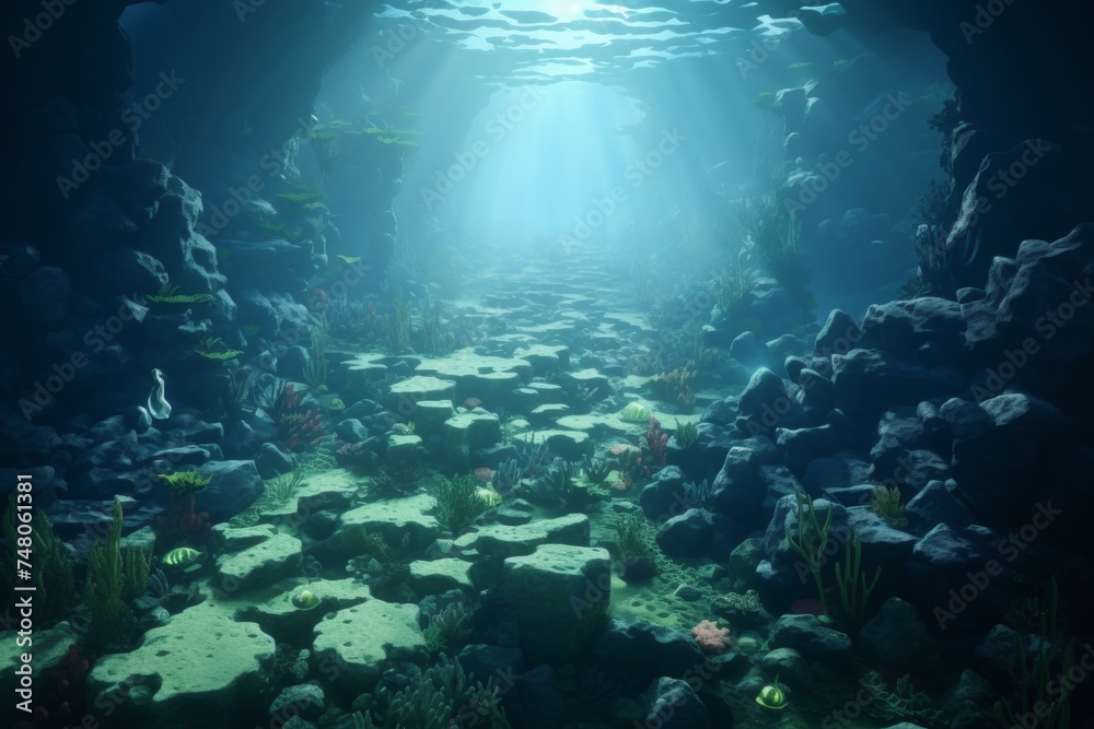 Beautiful underwater view of sunlit rocky bottom and clear blue water