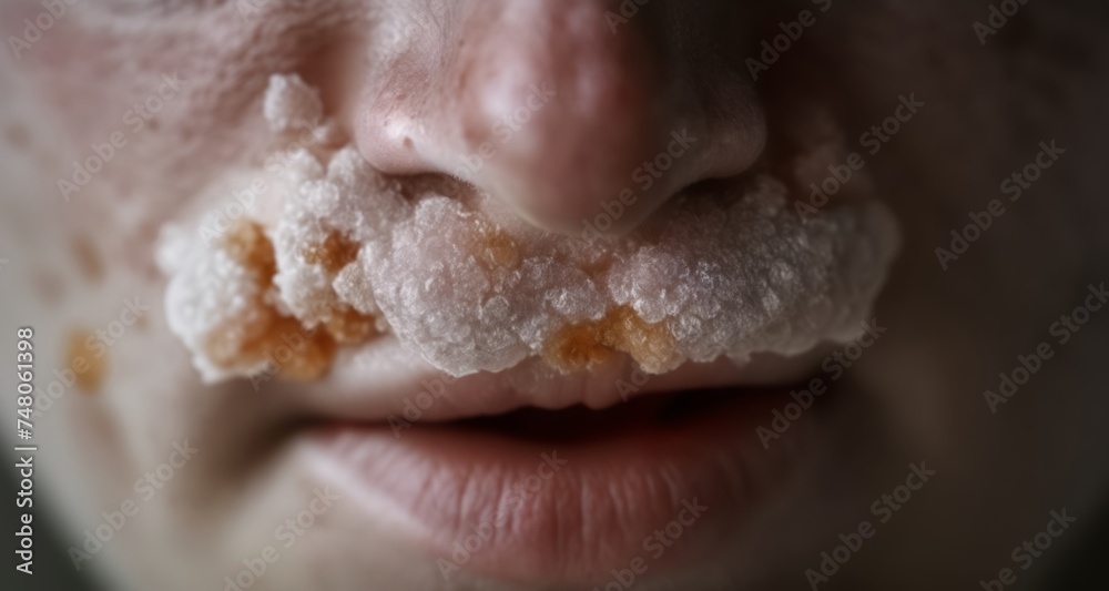  Close-up of a person's face with a substance on their lips and nose
