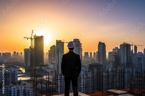 Construction manager in safety helmet overseeing work on job site. Copy space for text