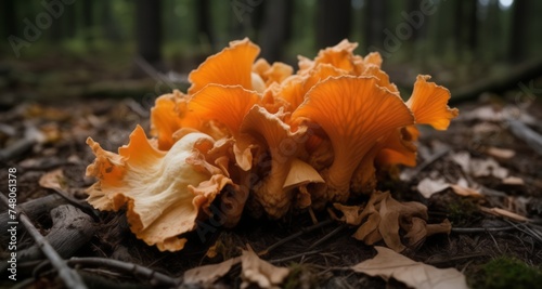  Nature's vibrant palette - A close-up of a cluster of orange mushrooms in the forest