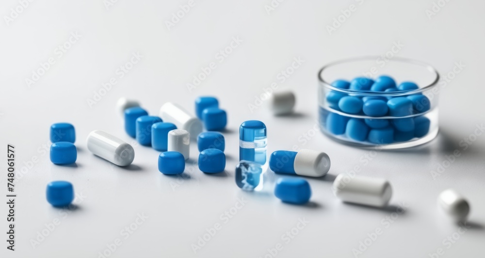  A collection of blue and white pills scattered on a surface