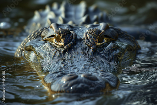 A crocodile is swimming in the water.