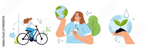 Sustainable lifestyle concept illustration. Collections of characters riding bike, planting trees, taking care of nature against climate change. Vector illustrations set.