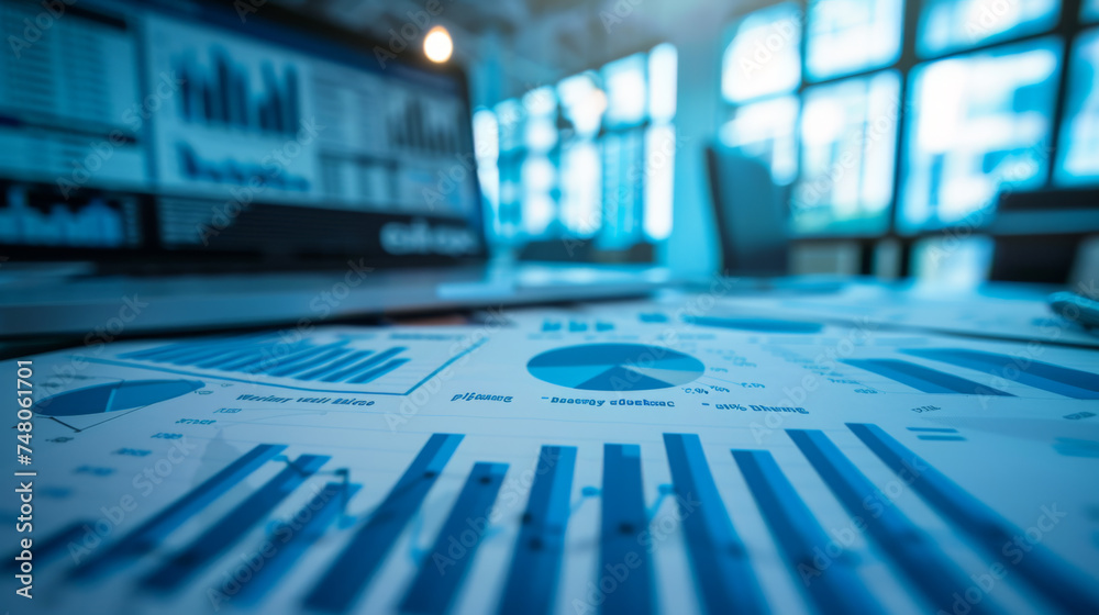 close-up of various business charts and graphs laid out on a table, with a focus on the pie chart in the foreground close-up of various business charts and graphs laid out on a table, with a focus on the pie chart in the foreground
