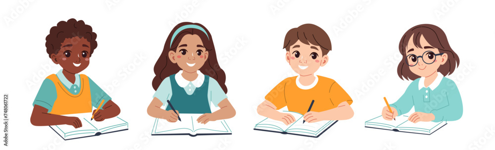 Education concept set. Collection of school boys and girls characters sitting at desk, writing and doing homework. Vector illustration. Education concept set. Collection of school boys and girls characters sitting at desk, writing and doing homework. Vector illustration.
