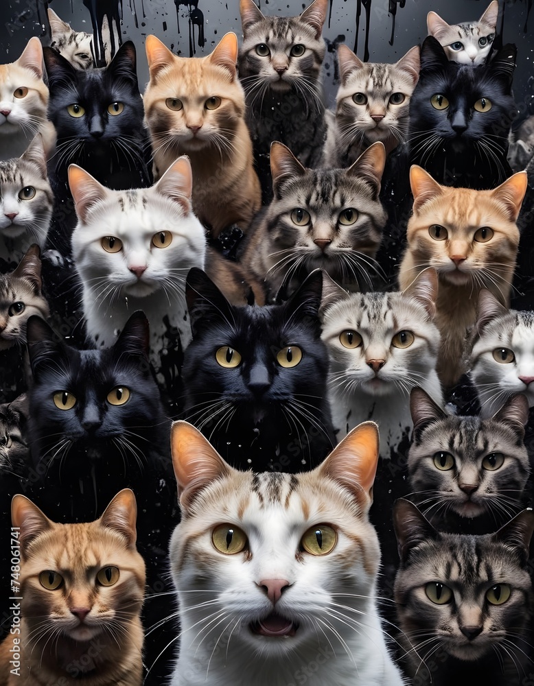 A collection of cats gaze out curiously, set against a dark, rain-spattered background. Their collective gaze seems to pierce through the gloom of the rain effect.