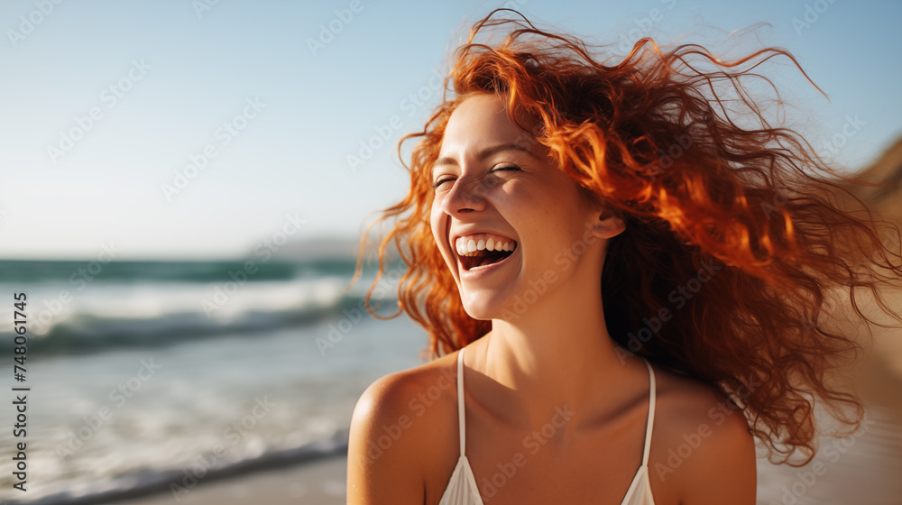 Joyful redhead woman laughing on sunny beach with hair blowing in the wind, happiness and freedom.