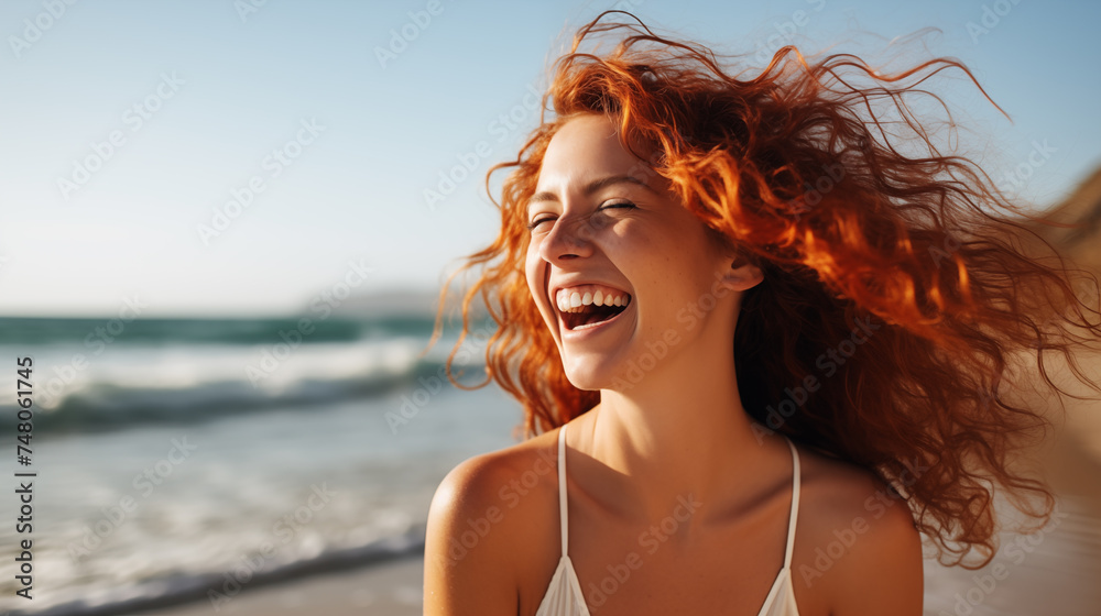 Joyful redhead woman laughing on sunny beach with hair blowing in the wind, happiness and freedom. Joyful redhead woman laughing on sunny beach with hair blowing in the wind, happiness and freedom.