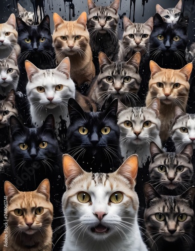 A collection of cats gaze out curiously, set against a dark, rain-spattered background. Their collective gaze seems to pierce through the gloom of the rain effect. © video rost