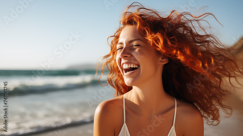 Joyful redhead woman laughing on sunny beach with hair blowing in the wind, happiness and freedom. © amixstudio
