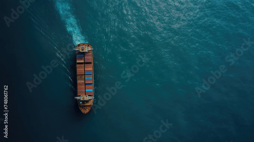 Aerial view of cargo container ship at sea.