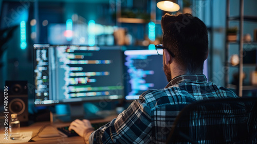 A programmer in a casual workspace, surrounded by technology and personal touches that inspire creativity, programmer working, blurred background, with copy space