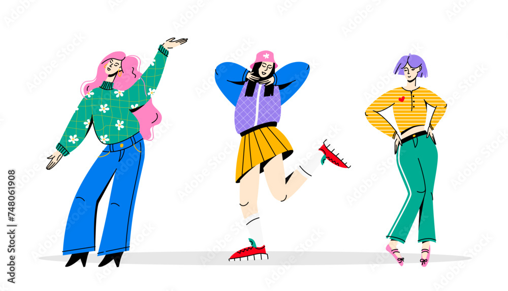 Fototapeta premium Confident and happy women characters set. Young females in different free poses. Feminism and self love concept. Flat colorful vector illustration isolated on white background