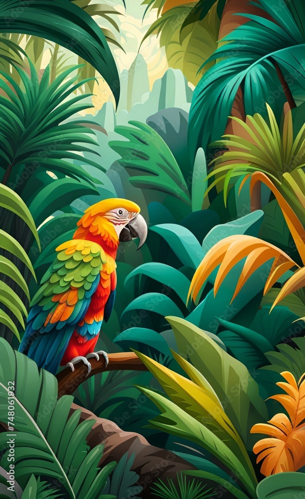 Fototapeta premium forest landscape wallpaper design, parrots and palm trees, big leaves, mountain scenery, mural art, Generative AI