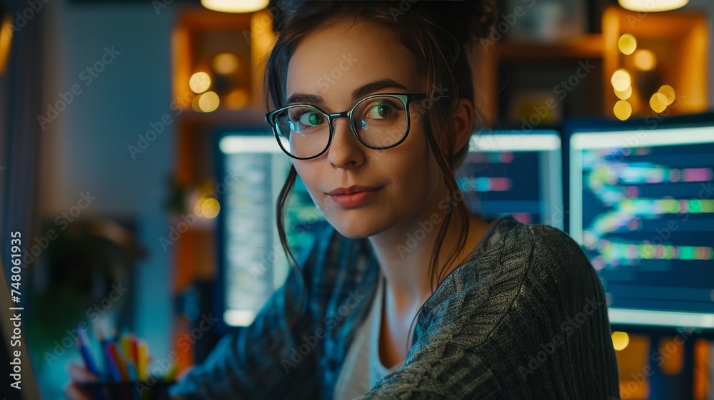 Creative Programmer Working Late Hours. A young woman with glasses is focused on coding software during a night session, surrounded by computer screens. Creative Programmer Working Late Hours. A young woman with glasses is focused on coding software during a night session, surrounded by computer screens.