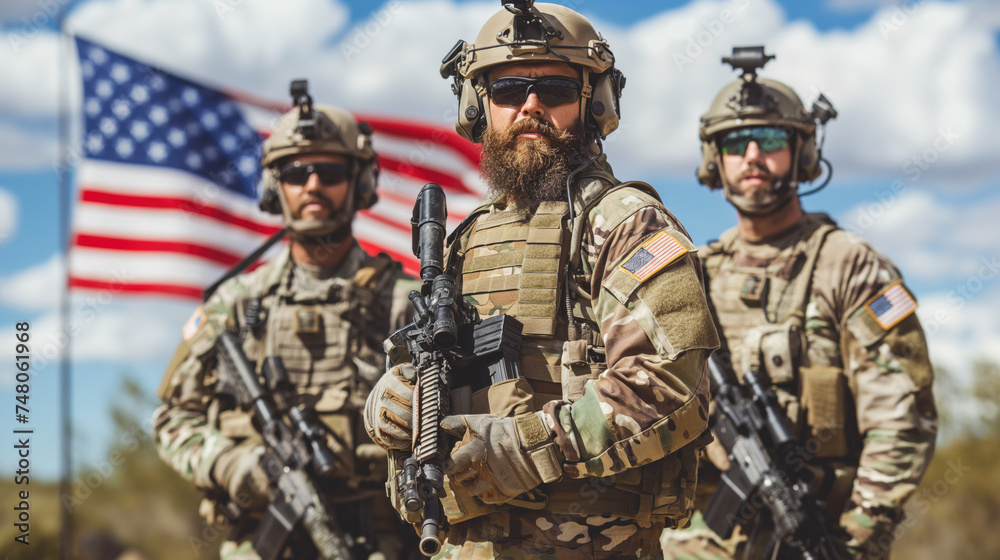American modern soldiers in full gear, American flag in the background. American modern soldiers in full gear, American flag in the background.