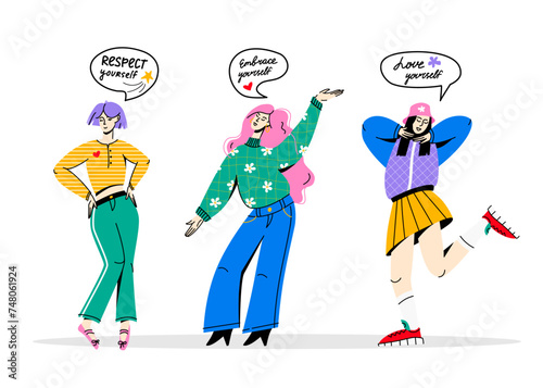 Confident and happy women with speech bubbles set. Young females in different free poses. Independence and self love lettering phrases. Flat colorful vector illustration isolated on white background
