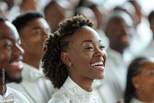 happy black woman close-up against of people in church choir in white festive clothes photo